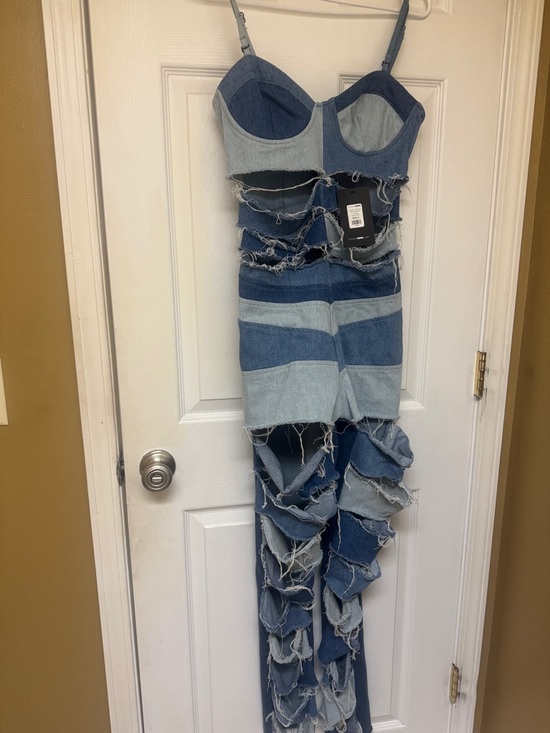 Fashion Nova Denim - Fashion Nova Two-Tone Blue Patchwork Distressed Flare Jumpsuit